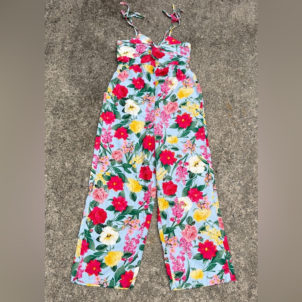 Navy Tie-Shoulder Cropped Twist-Front Smocked Jumpsuit Floral Linen Blend
